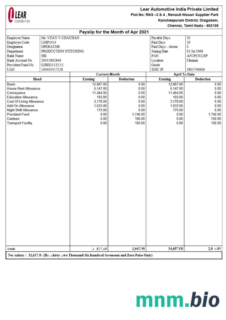 Szablon odcinka wypłaty Lear Automotive India w formatach Word i PDF